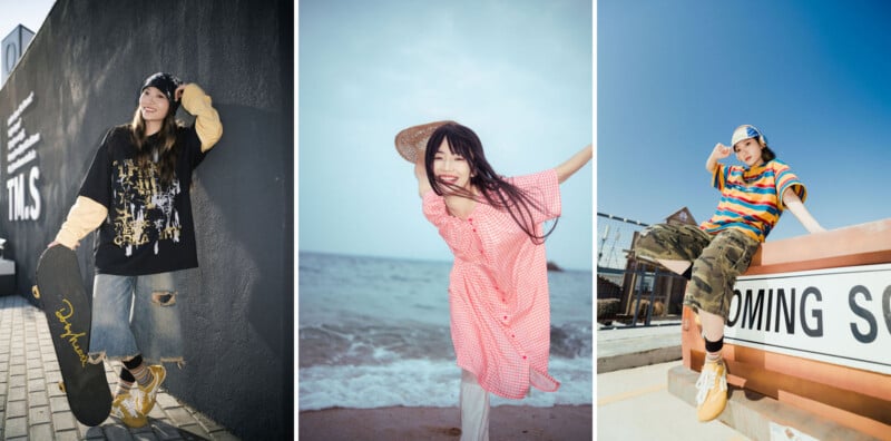 A collage of three young women: one poses with a skateboard against a wall, another smiles on a beach in a pink dress and straw hat, and the third sits on a railing in colorful streetwear.