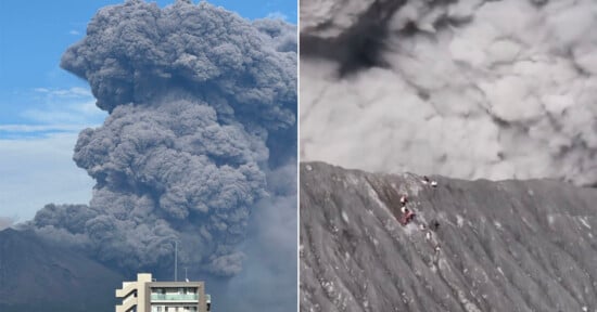 A huge plume of dark ash rises from a volcano behind a building (left), while people in red clothing are visible on the gray, ash-covered slope of the volcano (right).