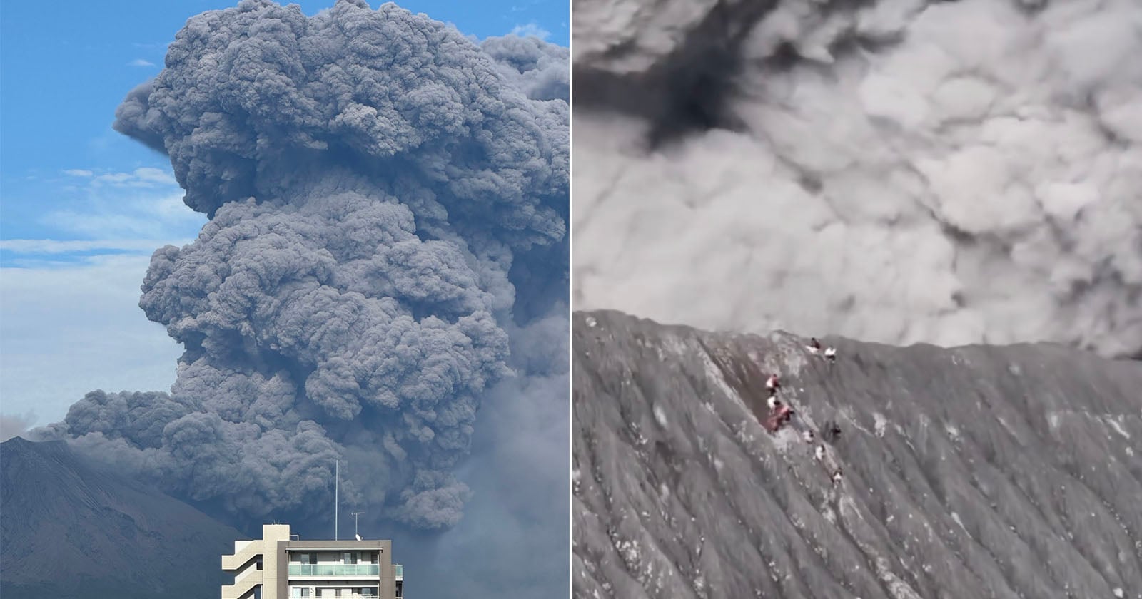 A huge plume of dark ash rises from a volcano behind a building (left), while people in red clothing are visible on the gray, ash-covered slope of the volcano (right).