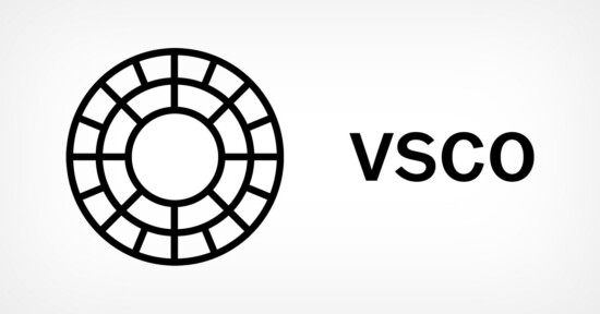 Black and white circular geometric logo with grid lines next to the bold text "VSCO" on a plain white background.