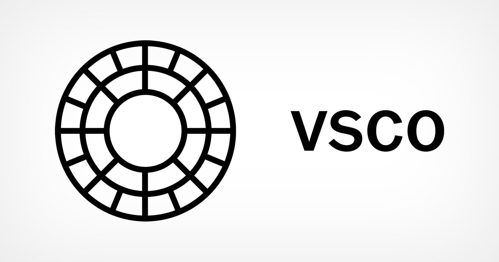 Black and white circular geometric logo with grid lines next to the bold text "VSCO" on a plain white background.