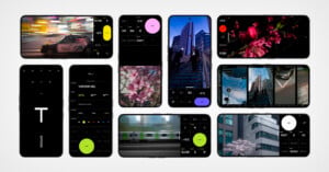 Nine smartphones display various photography app interfaces, showing cityscapes, trains, flowers, and taxis. The screens feature camera controls, sliders, and settings, emphasizing mobile photography and customization options.