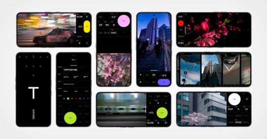Nine smartphones display various photography app interfaces, showing cityscapes, trains, flowers, and taxis. The screens feature camera controls, sliders, and settings, emphasizing mobile photography and customization options.