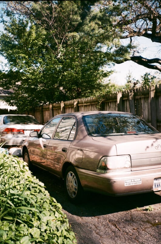 A beige sedan is parked in a driveway beside greenery, with a wooden fence and another silver car in the background on a sunny day. Trees with green leaves overhang the scene.