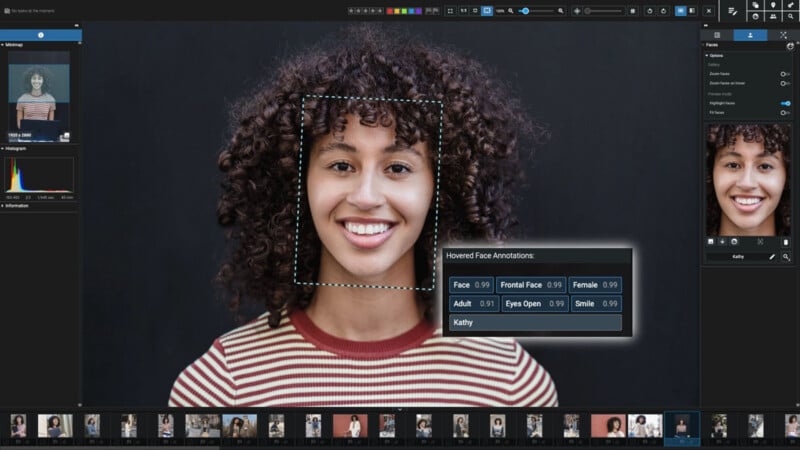 A computer screen displays a photo editing software with a portrait of a smiling woman with curly hair. A face detection box and face attribute data, including gender and smile, are shown. Thumbnails of other images appear below.