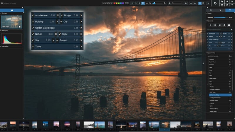 A photo editing software interface displays a sunset view of the Golden Gate Bridge over water, with dramatic clouds and silhouettes of wooden posts in the foreground. Editing panels and sliders are visible on the screen.