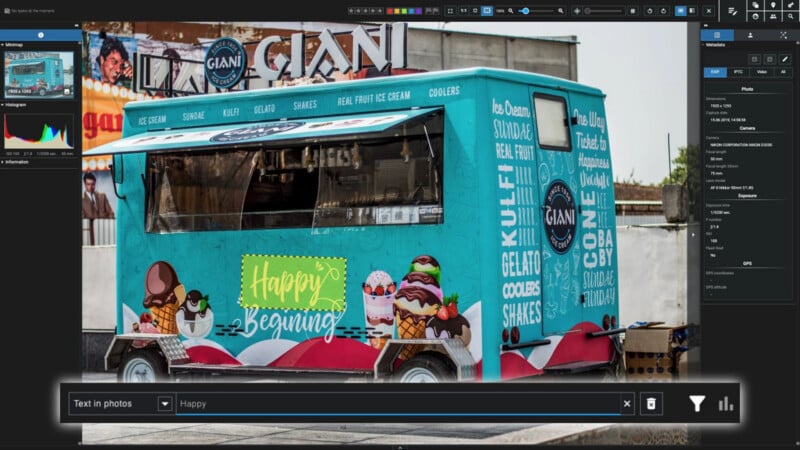 A turquoise food truck with images of ice cream cones and desserts is parked outdoors. The side reads “Happy Beginning” and lists various treats. The service window is closed, and the setting appears urban.