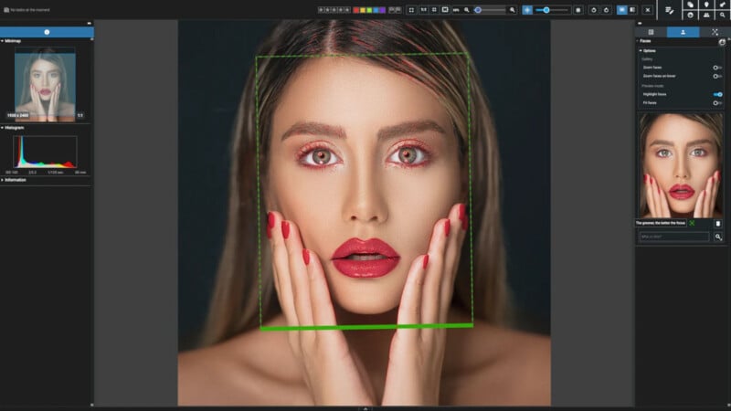 A photo editing software interface displays a close-up portrait of a woman with long hair, red lipstick, and red nails, her hands framing her face. Editing tools and image adjustments are visible on the screen.