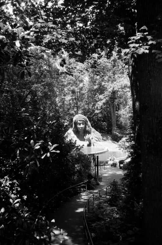 A large stone sphinx statue is partially hidden by dense trees and foliage, with a winding path and railing leading toward it in a shaded, forested area.