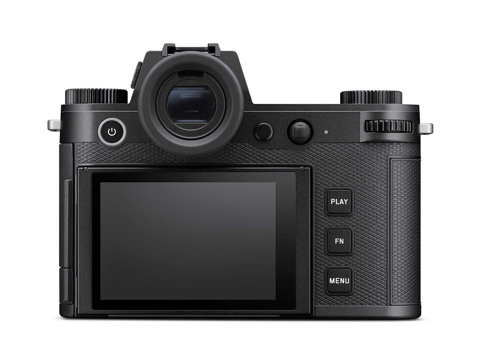 A digital camera viewed from the back, showing its screen, viewfinder, control dials, and buttons labeled Play, FN, and Menu on a textured black body.