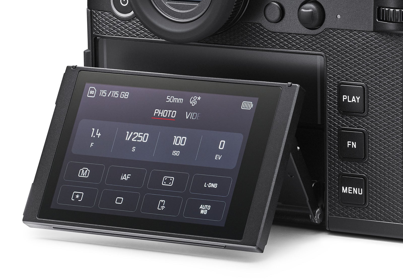 A close-up of a digital camera with its LCD screen flipped out, displaying photo settings such as aperture, shutter speed, ISO, and white balance. The camera body shows textured grip and several control buttons.