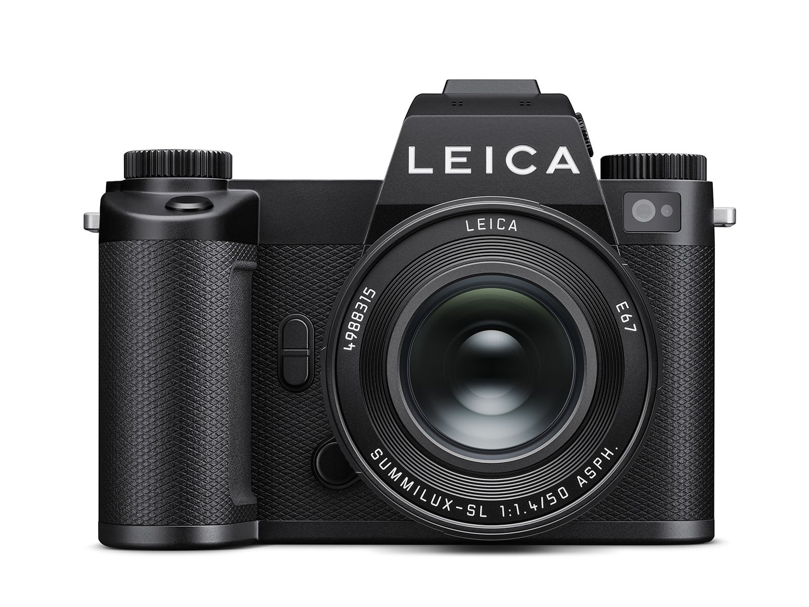 Front view of a black Leica digital camera with a large lens, textured grip, and LEICA branding in white letters above the lens.