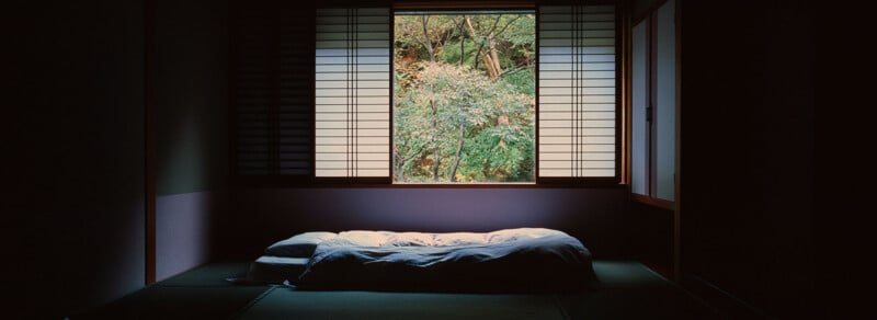 A neatly made futon bed lies on a tatami mat floor in a dimly lit traditional Japanese room, with shoji screens framing a large window that reveals green trees outside.