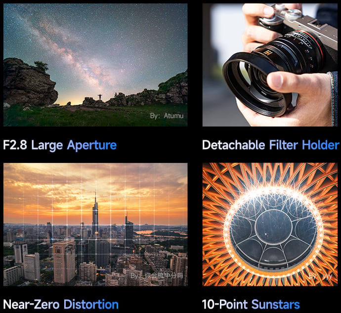  a starry night sky over rocks, hands attaching a filter to a camera lens, a cityscape with grid lines, and a circular ceiling with starburst lights. Captions highlight lens features.
