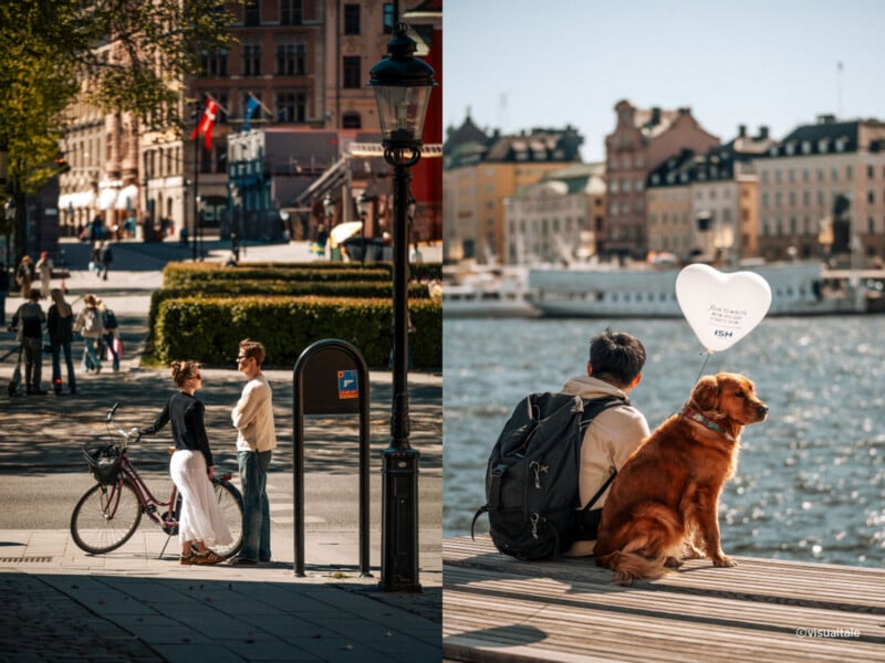 Two photos side by side: left, people enjoy a sunny city street with trees and bicycles; right, a man and a dog sit by the waterside, facing boats and old buildings across the water.