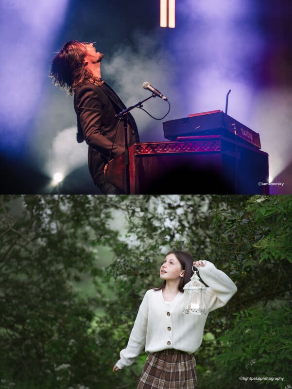 Top: Person with long hair plays keyboard on stage, looking up with dramatic purple lighting. Bottom: Young woman stands outdoors among greenery, holding a lantern and gazing upward, wearing a white sweater and plaid skirt.