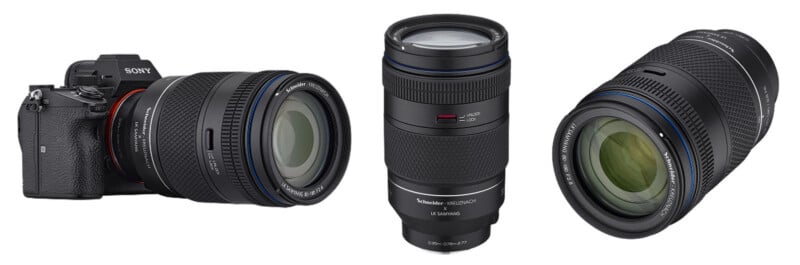 A Sony camera with a large black lens attached sits on the left, while two close-up views of the same interchangeable lens are shown from different angles on the right, all against a white background.