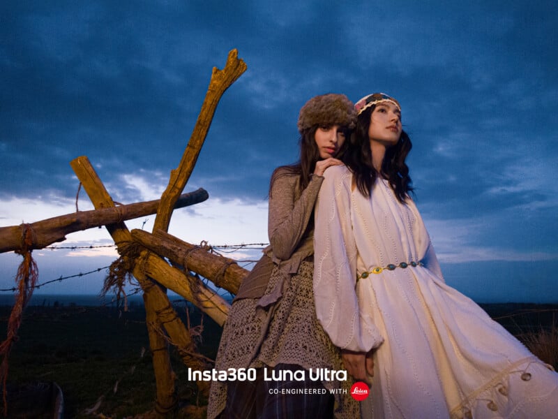 Two women in vintage-inspired outfits pose outdoors at dusk, with a dramatic cloudy sky and rustic wooden fence in the background. The text “Insta360 Luna Ultra—Co-engineered with Leica” is at the bottom.