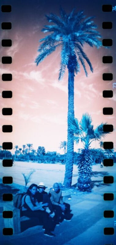 En un ambiente tropical, tres personas se sientan en una acera bajo una alta palmera. El cielo adquiere un tono rosa surrealista, con tonos azules dominando la escena y agujeros de película que enmarcan la imagen.