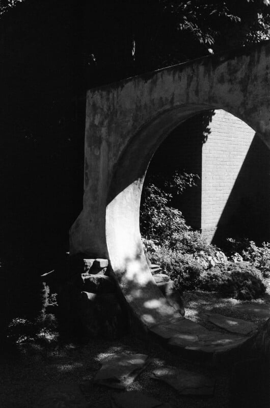 A round stone archway leads to a sunlit garden area, contrasting with deep shadows on the wall and ground. Dappled sunlight highlights plants and a brick wall in the background.