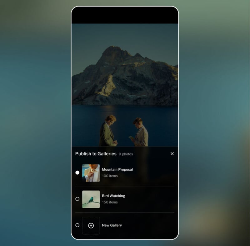 Two people stand facing each other by a lake with mountains in the background. A gallery interface overlays the image, showing album options: "Mountain Proposal," "Bird Watching," and "New Gallery.