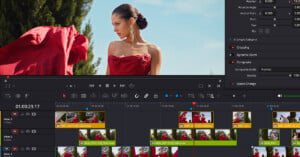 A video editing software interface with a preview of a woman in a red dress outdoors, and multiple video and audio tracks visible on the timeline below.