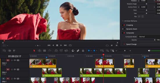 A video editing software interface with a preview of a woman in a red dress outdoors, and multiple video and audio tracks visible on the timeline below.
