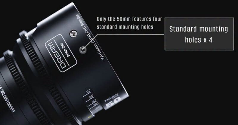 Close-up of a black camera lens labeled "DREAM Prime Club" and "50mm," highlighting four standard mounting holes with text stating, "Only the 50mm features four standard mounting holes.