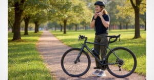 A person wearing a helmet stands on a tree-lined path in a park, smiling while adjusting their helmet strap next to a black road bicycle. The scene is bright and sunny with green grass and trees.