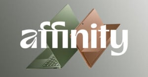 Two sleek laptops, one green and one gold, positioned back-to-back on a gradient gray background with the word "affinity" in bold white text overlapping the devices.