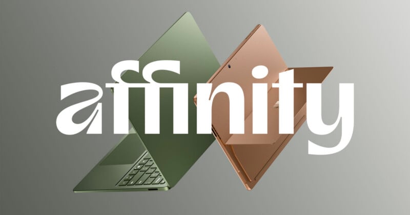 Two sleek laptops, one green and one gold, positioned back-to-back on a gradient gray background with the word "affinity" in bold white text overlapping the devices.