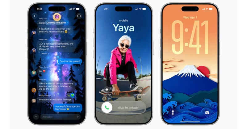 Three smartphones are shown. The left screen displays a cosmic-themed chat, the middle shows an elderly woman on a skateboard answering a call, and the right displays a colorful mountain and wave lock screen at 9:41.