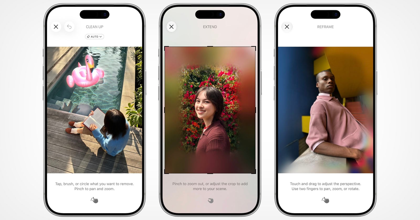 Three smartphone screens display photo editing tools: removing a pool float from a poolside scene, extending a portrait background, and reframing a portrait of a person in a pink shirt against a colorful wall.