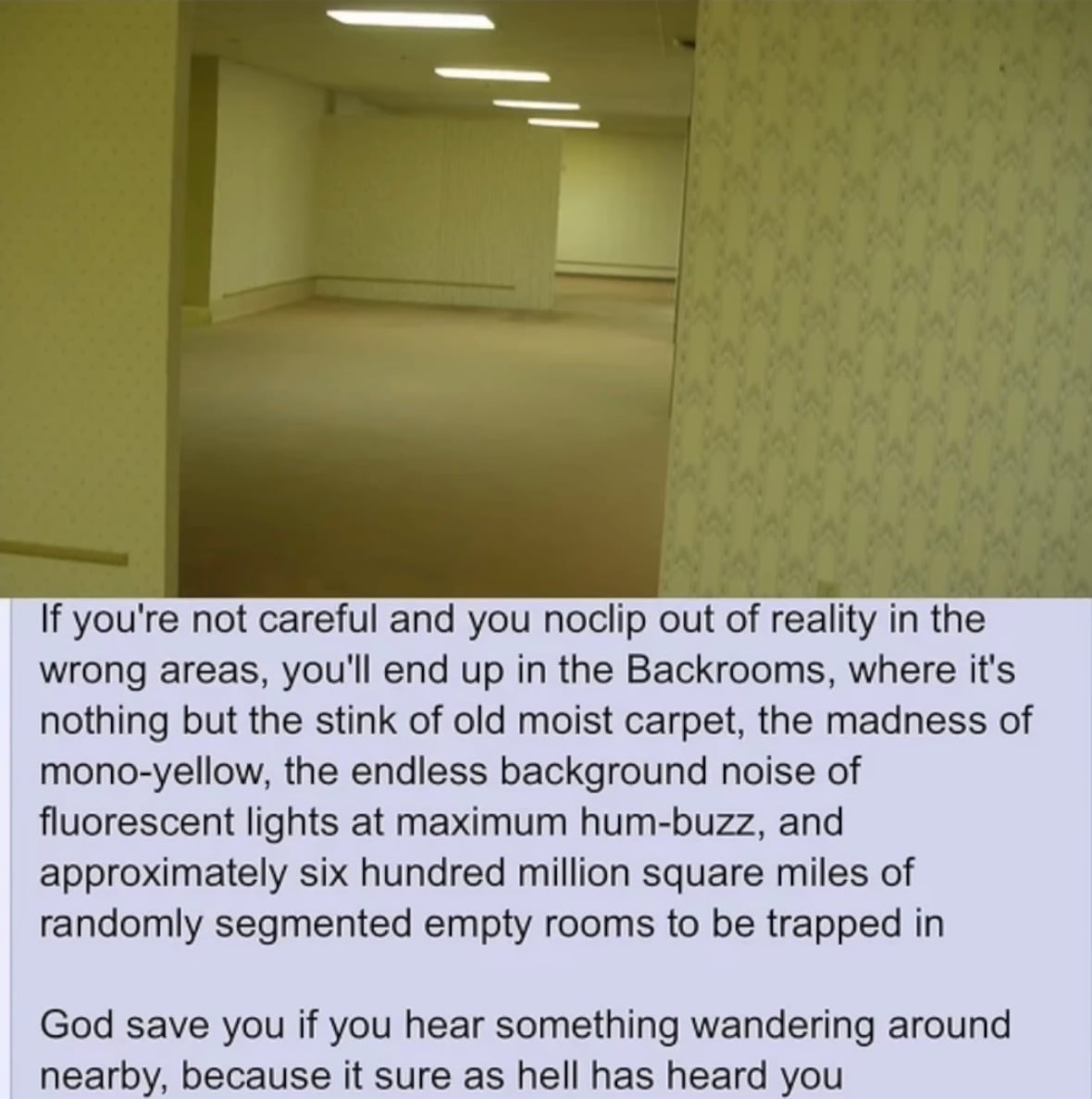 A liminal, empty room with yellowish fluorescent lights and old carpet is shown. Below, text describes the eerie, endless maze of the "Backrooms" and warns about the unsettling nature of this surreal place.