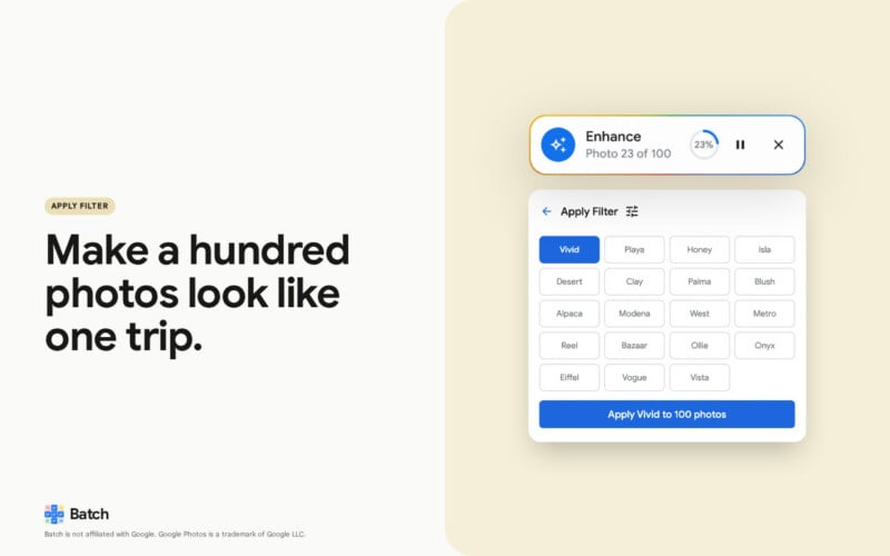 A digital interface shows a photo filter tool with options like "Vivid" and "Warm." Text on the left says, "Make a hundred photos look like one trip." The Batch logo appears at the bottom left.