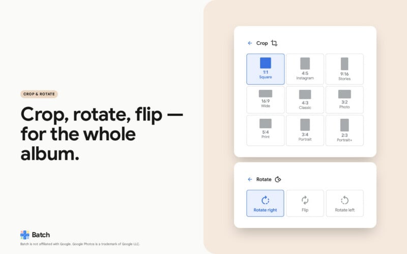 Screenshot of an editing app interface showing options to crop images to various aspect ratios and to rotate them, with the text "Crop, rotate, flip — for the whole album" on the left.