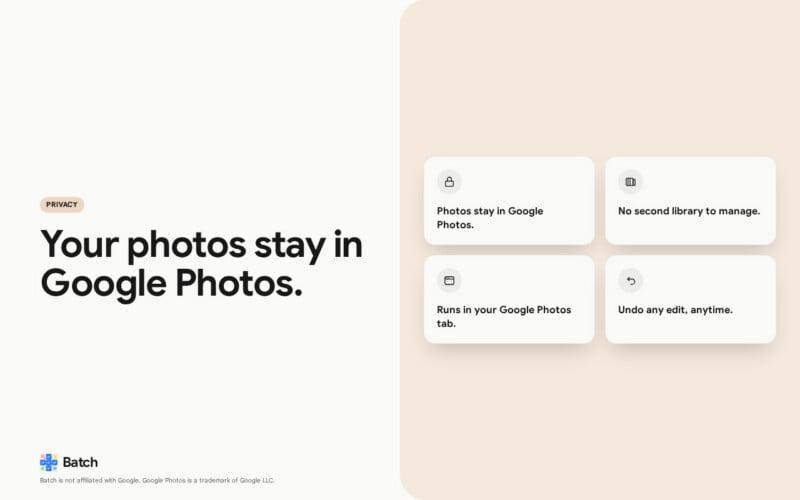 A graphic for Batch shows “Your photos stay in Google Photos.” Four cards highlight features: photos stay in Google Photos, no extra library, runs in your Google Photos tab, and edits can be undone anytime.