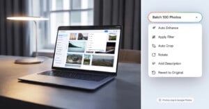 A laptop on a desk displays a photo management app. A menu on the right lists batch editing options: Auto Enhance, Apply Filter, Auto Crop, Rotate, Add Description, and Revert to Original.