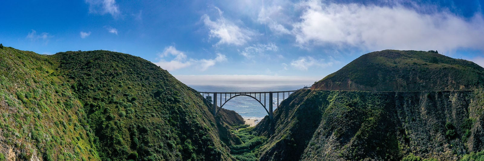 A panoramic view of the Bixby Creek Bridge spans a deep, green canyon along California’s coastline, with the Pacific Ocean and a partly cloudy sky in the background.