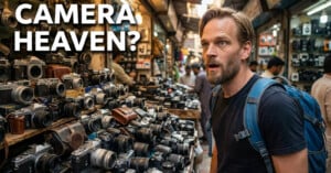 A man with a backpack stands in a market stall filled with vintage cameras, looking amazed. Large text reads "CAMERA HEAVEN?" People browse cameras in the background.