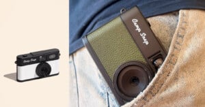 Two views of a compact camera: on the left, a digital rendering of the camera, and on the right, the camera is partially tucked into the front pocket of a person wearing jeans.
