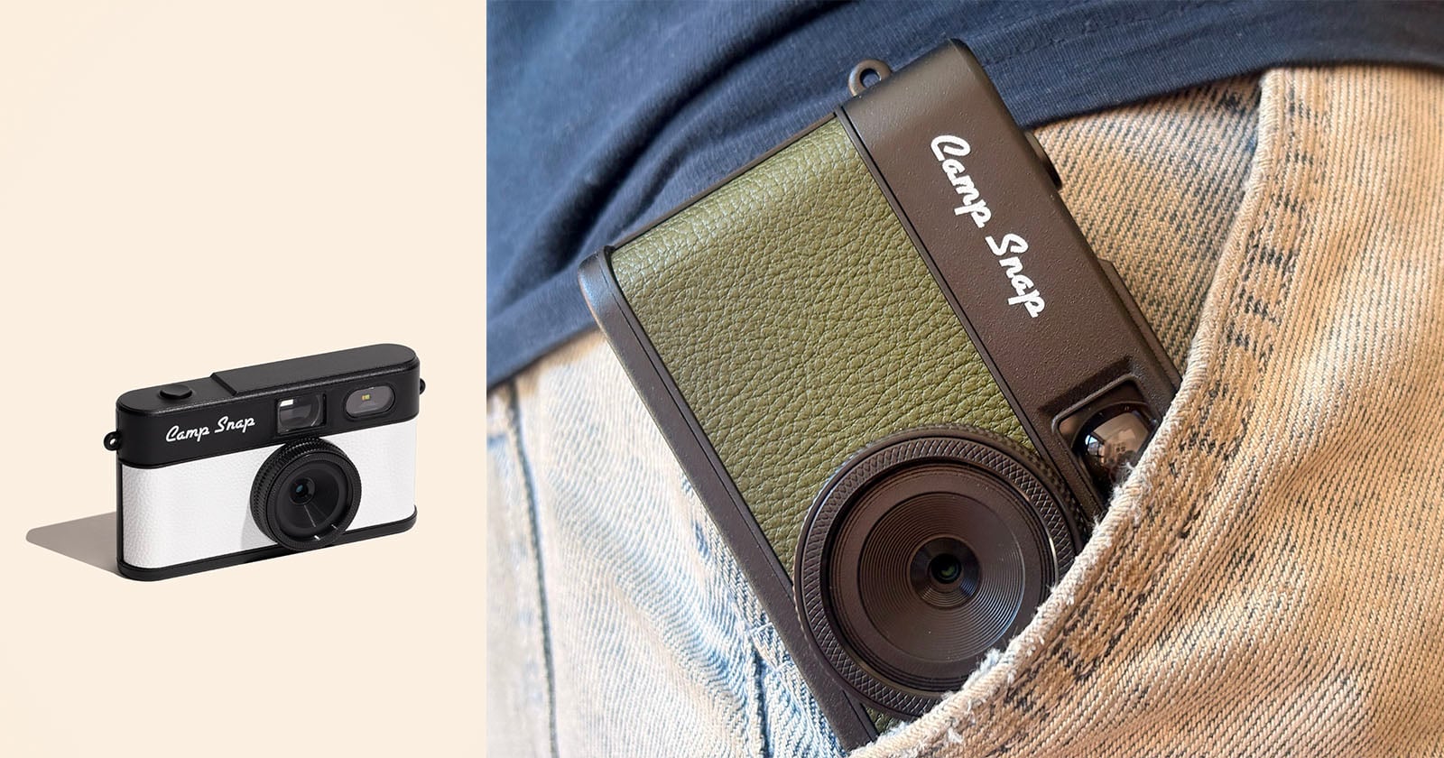 Two views of a compact camera: on the left, a digital rendering of the camera, and on the right, the camera is partially tucked into the front pocket of a person wearing jeans.