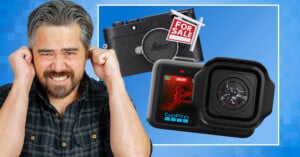 A man covers his ears in distress next to a "For Sale" camera and a GoPro with a broken lens, set against a blue checkered background.