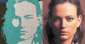 A side-by-side comparison of a stylized blue and white illustration of a woman's face on the left and a photograph of the same woman with straight hair and neutral expression on the right.