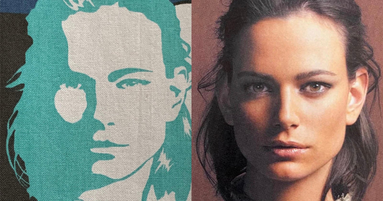 A side-by-side comparison of a stylized blue and white illustration of a woman's face on the left and a photograph of the same woman with straight hair and neutral expression on the right.