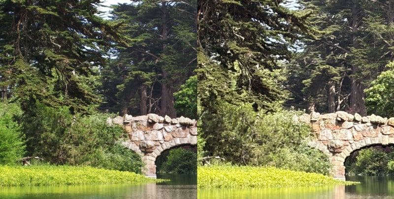 A stone arch bridge covered in moss and greenery spans a calm body of water, surrounded by dense trees and lush vegetation under daylight. The image is split into two nearly identical halves.