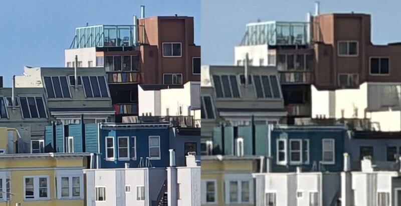 Two side-by-side images show colorful apartment buildings with yellow, blue, and brown facades. The left image is clear and sharp, while the right image appears blurry and out of focus.