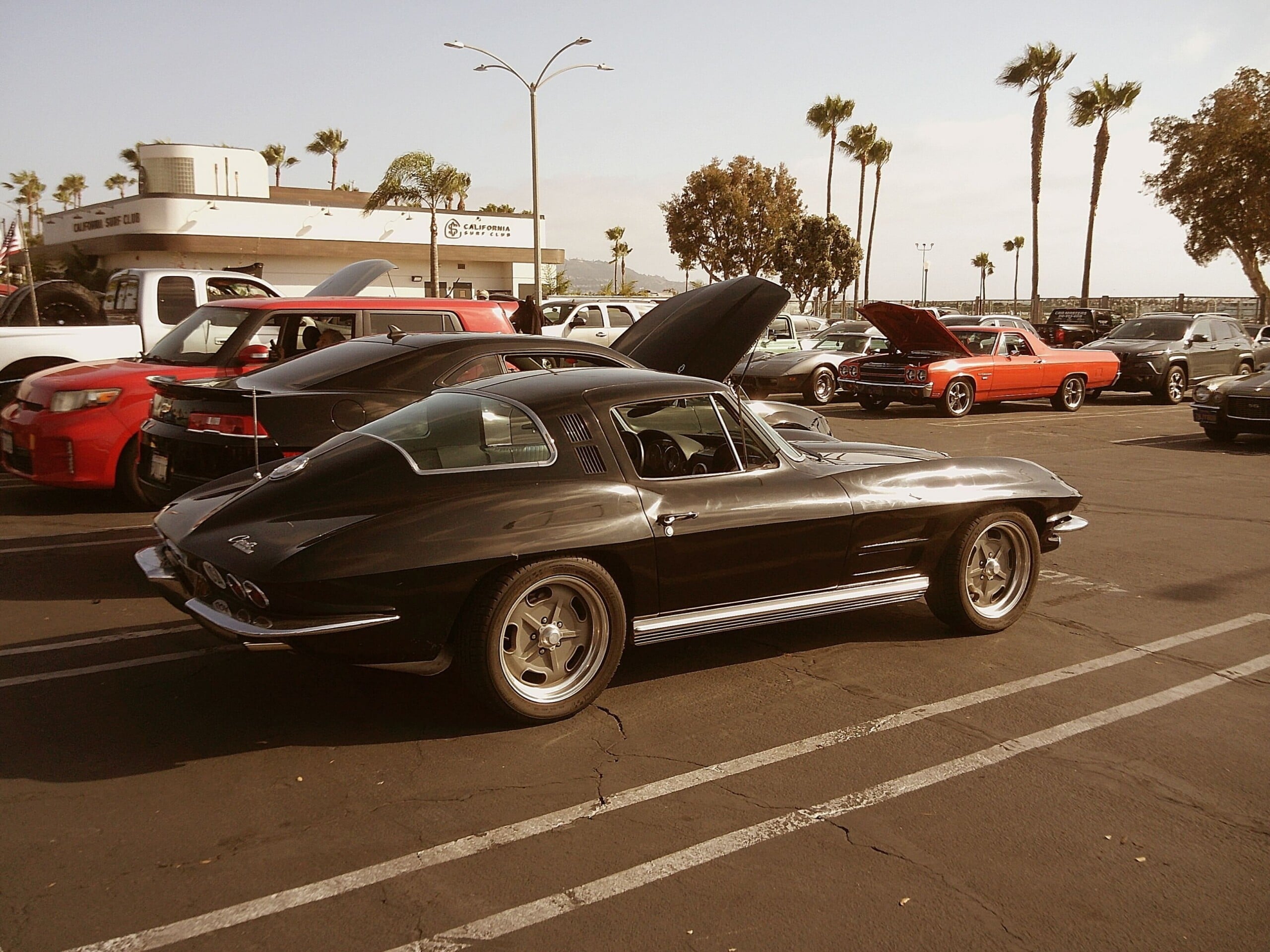 A classic black Chevrolet Corvette is parked at a car show with its rear window and hood visible; other vintage cars and palm trees are in the background under a sunny sky.
