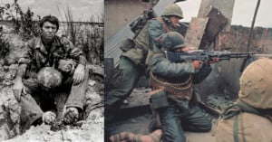 Left: A weary soldier sits in a muddy trench, holding his helmet. Right: Soldiers in combat gear aim their rifles from behind debris during an intense battle, one kneeling and firing while others support.