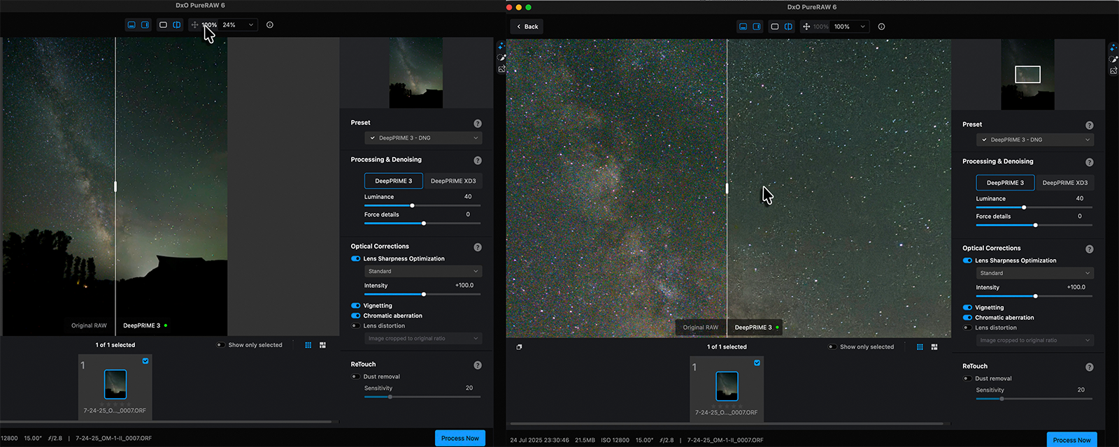 Screenshot of photo editing software comparing two starry night sky images side by side. Both panels show editing controls for processing, noise reduction, and lens corrections. The left image is darker and less detailed.